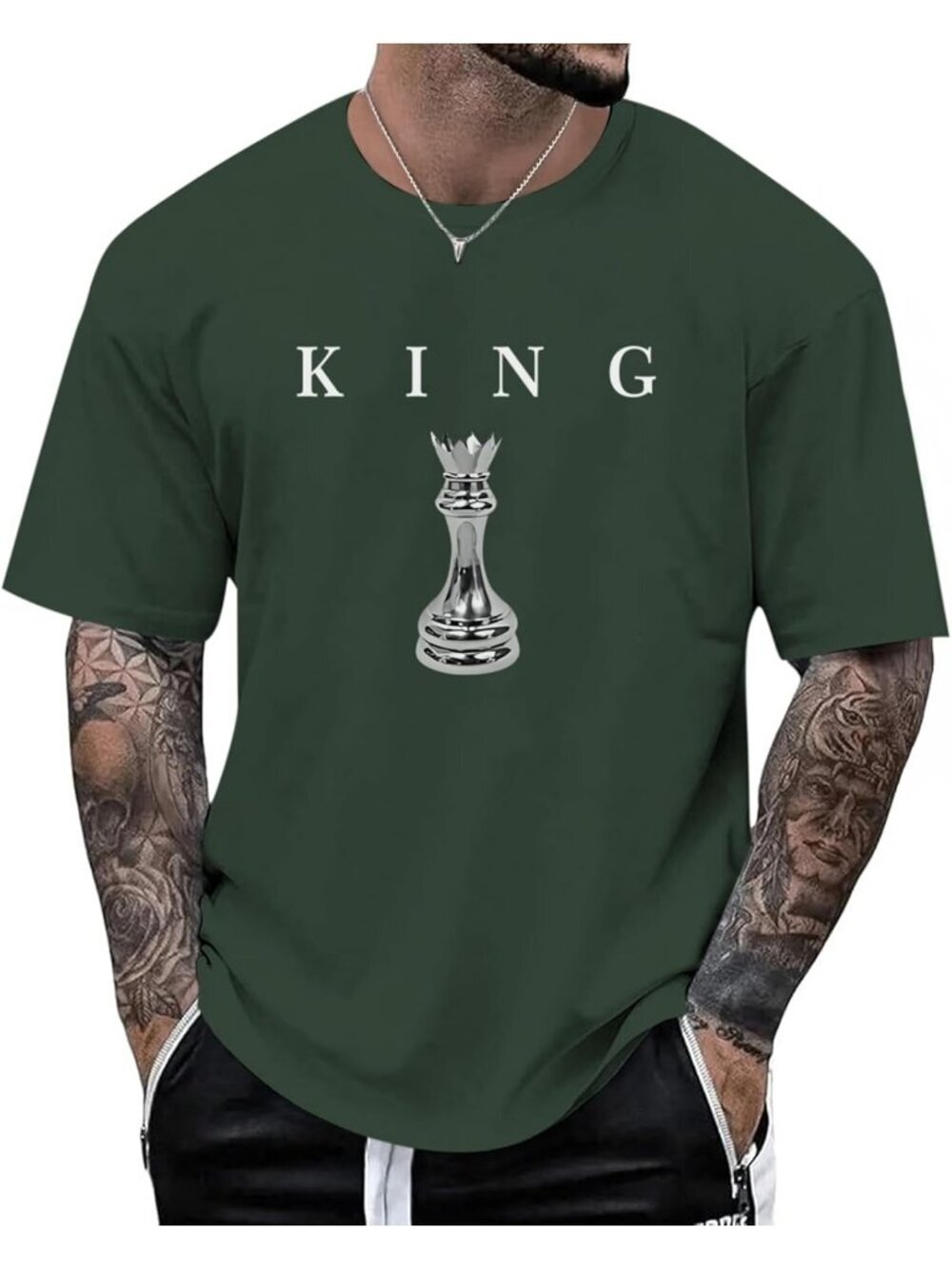 Men's Green King Chess Shirt Graphic Tee Designer Printed Urban Streetwear Top